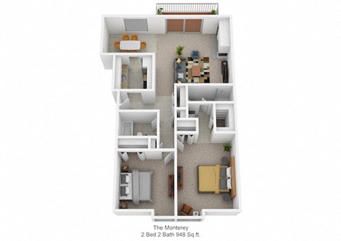 Floor plan for 2 beds, 2 baths, 948 sqft